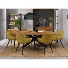 Ellipse Rustic Oak 6 Seater Dining Table & 6 Dali Mustard Velvet Fabric Chairs with Sand Black Powder Coated Legs