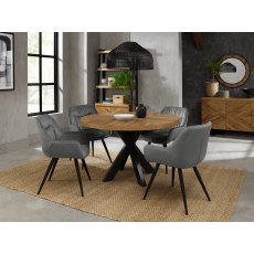Ellipse Rustic Oak 4 Seater Dining Table & 4 Dali Grey Velvet Fabric Chairs with Sand Black Powder Coated Legs