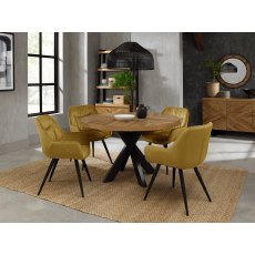 Ellipse Rustic Oak 4 Seater Dining Table & 4 Dali Mustard Velvet Fabric Chairs with Sand Black Powder Coated Legs