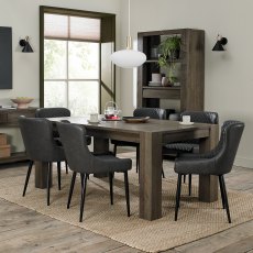 Logan Fumed Oak 6-8 Seater Dining Table & 6 Cezanne Dark Grey Faux Leather Chairs with Sand Black Powder Coated Legs