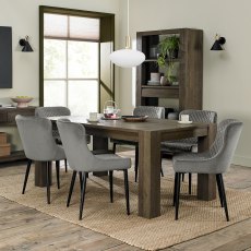 Logan Fumed Oak 6-8 Seater Dining Table & 6 Cezanne Grey Velvet Fabric Chairs with Sand Black Powder Coated Legs