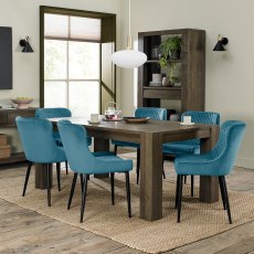Logan Fumed Oak 6-8 Seater Dining Table & 6 Cezanne Petrol Blue Velvet Chairs with Sand Black Powder Coated Legs