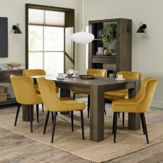 Logan Fumed Oak 6-8 Seater Dining Table & 6 Cezanne Mustard Velvet Chairs with Sand Black Powder Coated Legs
