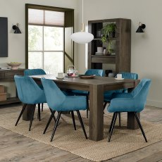 Logan Fumed Oak 6-8 Seater Dining Table & 6 Dali Petrol Blue Velvet Chairs with Sand Black Powder Coated Legs