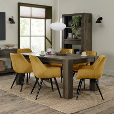 Logan Fumed Oak 6-8 Seater Dining Table & 6 Dali Mustard Velvet Chairs with Sand Black Powder Coated Legs