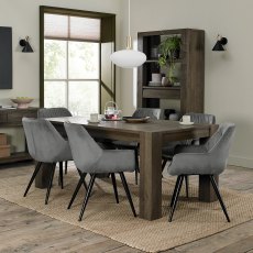 Logan Fumed Oak 6 Seater Dining Table & 6 Dali Grey Velvet Fabric Chairs with Sand Black Powder Coated Legs