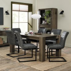 Logan Fumed Oak 6-8 Seater Dining Table & 6 Lewis Distressed Dark Grey Fabric Chairs with Sand Black Powder Coated Frame