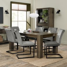 Logan Fumed Oak 6-8 Seater Dining Table & 6 Lewis Grey Velvet Fabric Chairs with Sand Black Powder Coated Frame