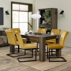 Logan Fumed Oak 6-8 Seater Dining Table & 6 Lewis Mustard Velvet Fabric Chairs with Sand Black Powder Coated Frame