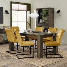 Logan Fumed Oak 6 Seater Dining Table & 6 Lewis Mustard Velvet Fabric Chairs with Sand Black Powder Coated Frame