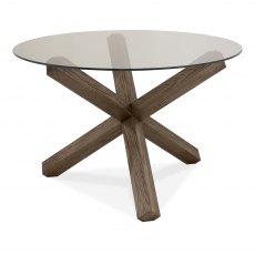 Turin Dark Oak Circular Glass Table & 4 Turin Dark Oak Low Back Upholstered Chairs in Pebble Grey Fabric