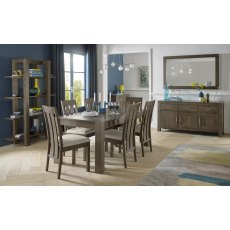 Turin Dark Oak 6-10 Seater Dining Table & 6 Turin Slat Back Upholstered Chairs in Pebble Grey Fabric