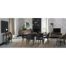 Vintage Weathered Oak 6 Seater Dining Table with Peppercorn Legs & 6 Vintage Peppercorn Upholstered Chairs in Dark Grey Fabric