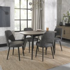 Vintage Weathered Oak 4 Seater Table & 4 Upholstered Chairs in Dark Grey Fabric