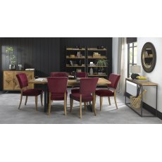 Indus Rustic Oak 6-8 Seater Dining Table & 6 Rustic Oak Upholstered Chairs in Crimson Velvet Fabric