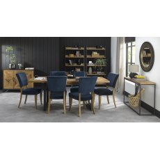 Indus Rustic Oak 6-8 Seater Dining Table & 6 Rustic Oak Upholstered Chairs in Dark Blue Velvet Fabric