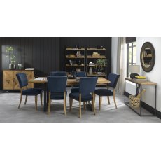 Indus Rustic Oak 6-8 Seater Table & 6 Oak Chairs in Dark Blue Velvet