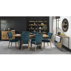 Indus Rustic Oak 6-8 Seater Dining Table & 6 Rustic Oak Upholstered Chairs in Sea Green Velvet Fabric