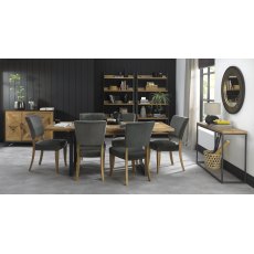 Indus Rustic Oak 6-8 Seater Dining Table & 6 Rustic Oak Upholstered Chairs in Gun Metal Velvet Fabric