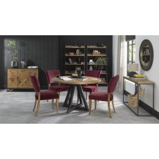 Indus Rustic Oak 4 Seater Circular Dining Table & 4 Rustic Oak 4 Seater Upholstered Chairs in Crimson Velvet Fabric