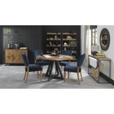 Indus Rustic Oak 4 Seater Circular Dining Table & 4 Rustic Oak 4 Seater Upholstered Chairs in Dark Blue Velvet Fabric