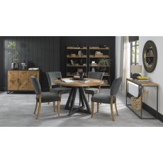 Indus Rustic Oak 4 Seater Circular Dining Table & 4 Rustic Oak 4 Seater Upholstered Chairs in Gun Metal Velvet Fabric