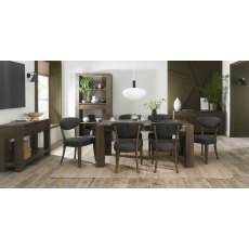 Logan Fumed Oak 6-8 Seater Dining Table & 6 Ellipse Fumed Oak Upholstered Chairs in Dark Grey Fabric