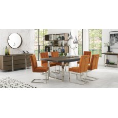Tivoli Dark Oak 6-8 Seater Dining Table & 6 Tivoli Dark Oak Upholstered Cantilever Chairs in Harvest Pumpkin Velvet Fabric
