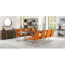 Tivoli Dark Oak 6-8 Seater Dining Table & 8 Tivoli Dark Oak Upholstered Cantilever Chairs in Harvest Pumpkin Velvet Fabric