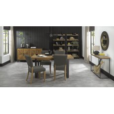 Indus Rustic Oak 4-6 Seater Table & 4 Oak Upholstered Chairs in Dark Grey Fabric