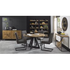 Indus Rustic Oak 4 Seater Circular Table & 4 Indus Cantilever Chairs in Dark Grey Fabric