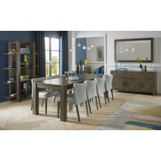 Turin Dark Oak 6-10 Seater Table & 8 Low Back Upholstered Chairs in Pebble Grey Fabric