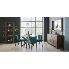Turin Dark Oak Glass 4 Seater Circular Dining Table & 4 Turin Dark Oak Low Back Upholstered Chairs in Sea Green Velvet Fabric