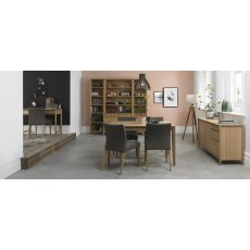 Bergen Oak 4-6 Seater Table & 4 Upholstered Chairs in Black Gold Fabric