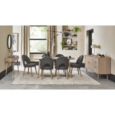 Dansk Scandi Oak 6-8 Seater Dining Table & 6 Dansk Scandi Oak Upholstered Chairs in Cold Steel Fabric