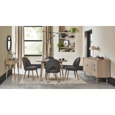 Dansk Scandi Oak 4 Seater Dining Table & 4 Dansk Scandi Oak Upholstered Chairs in Cold Steel Fabric