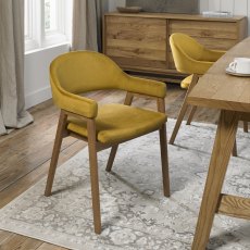 Camden Rustic Oak Upholstered Arm Chair in a Dark Mustard Velvet Fabric (Pair)