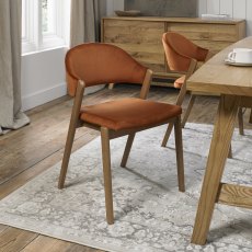 Camden Rustic Oak Upholstered Chair in a Rust Velvet Fabric (Pair)