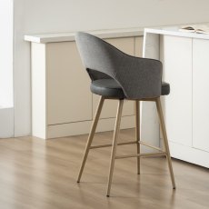 Hanson - Grey Fabric & Dark Grey Faux Leather Two Tone Return Swivel Bar Stool with Oak-Effect Legs (Single)
