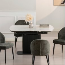 Verona - White Gloss Sintered Stone Swivel Extendable Dining Table with Fluted Black Pedestal