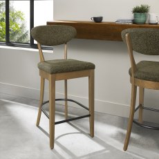 Ellipse Rustic Oak Upholstered Bar Stool - Green Fabric (Pair)