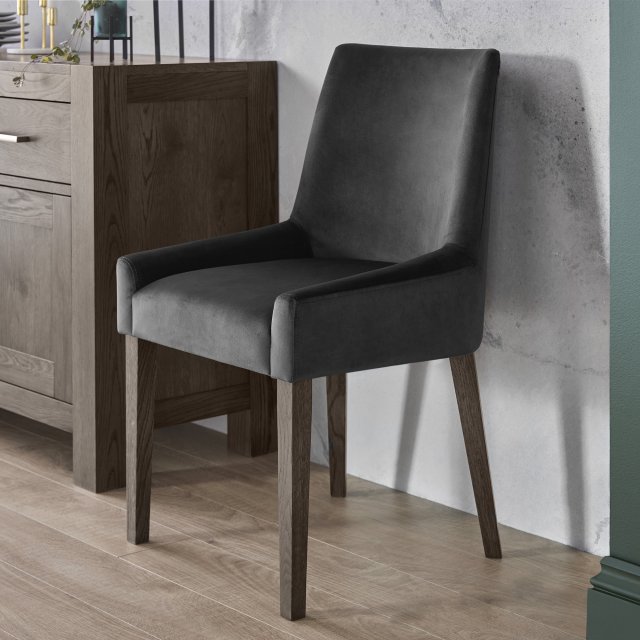 Premier Collection Ella Dark Oak Scoop Back Chair - Gun Metal Velvet Fabric  (Pair)