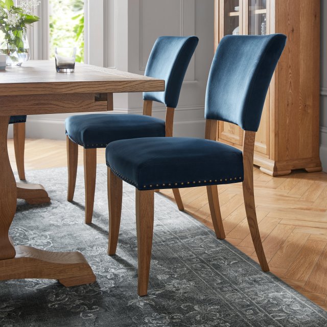 Signature Collection Rustic Oak Uph Chair -  Dark Blue Velvet Fabric  (Pair)