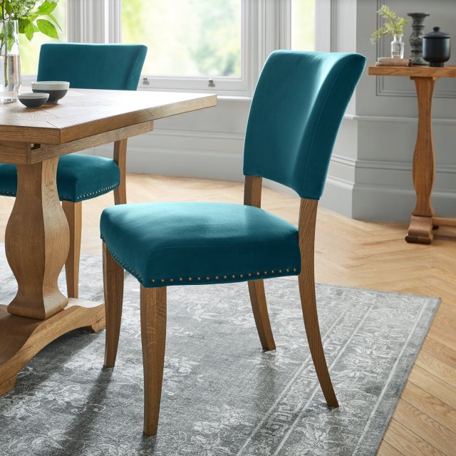 Bentley Designs Rustic Oak Uph Chair - Sea Green Velvet Fabric (Pair)- feature shot