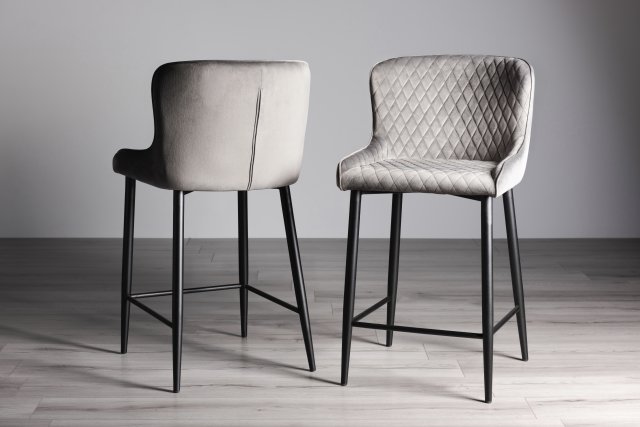 Gallery Collection Cezanne - Grey Velvet Fabric Bar Stools with Black Legs (Pair)