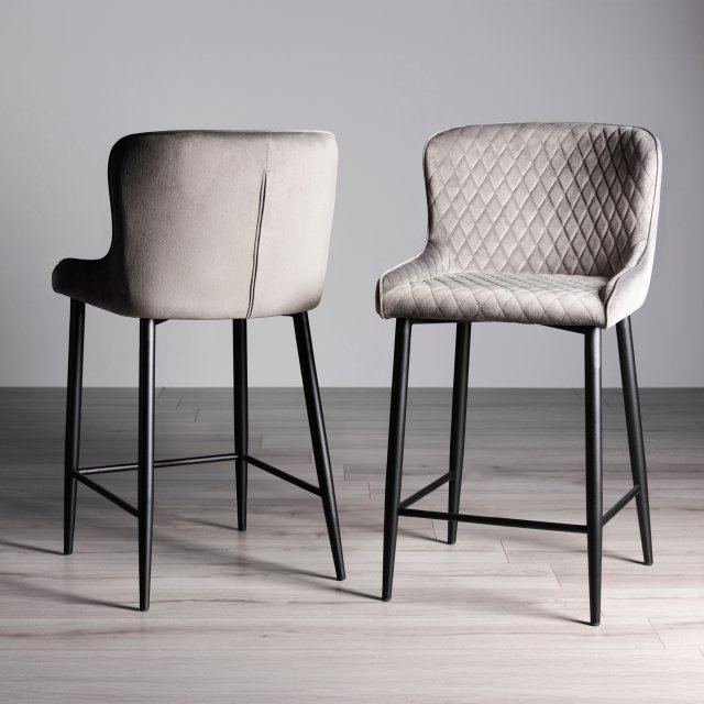 Gallery Collection Cezanne - Grey Velvet Fabric Bar Stool with Black Legs (Pair)