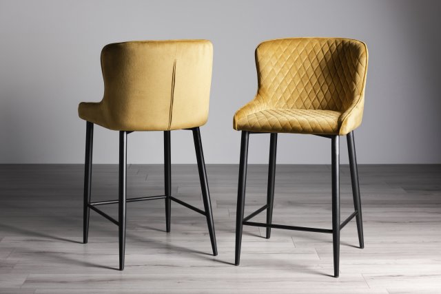 Gallery Collection Cezanne - Mustard Velvet Fabric Bar Stools with Black Legs (Pair)