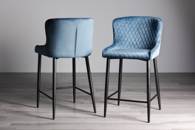 Gallery Collection Cezanne - Petrol Blue Velvet Fabric Bar Stools with Black Legs (Pair)