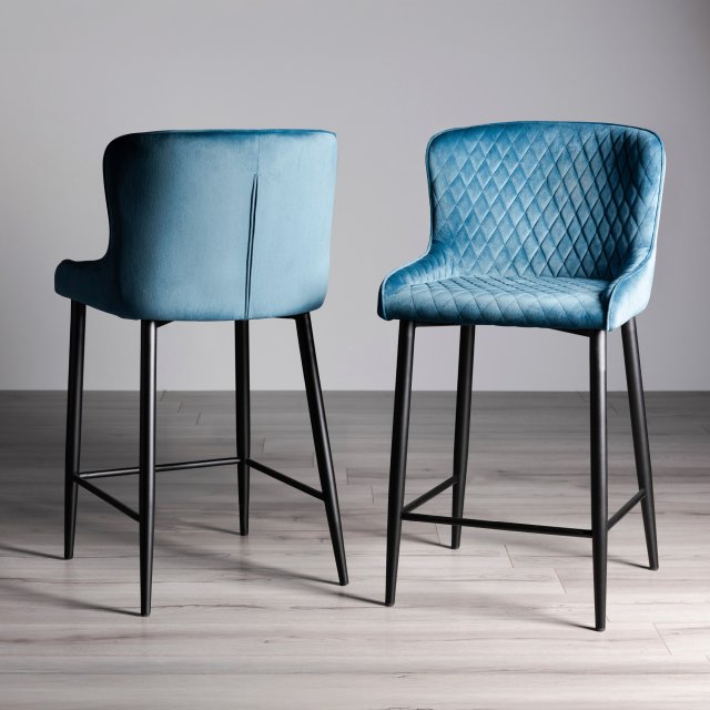 Gallery Collection Cezanne - Petrol Blue Velvet Fabric Bar Stool with Black Legs (Pair)
