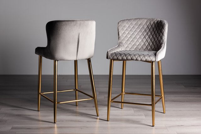 Gallery Collection Cezanne - Grey Velvet Fabric Bar Stools with Matt Gold Plated Legs (Pair)